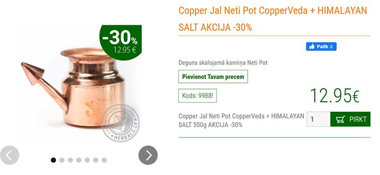 Copper Jal Neti Pot CopperVeda + HIMALAYAN SALT info www.herbals.lv